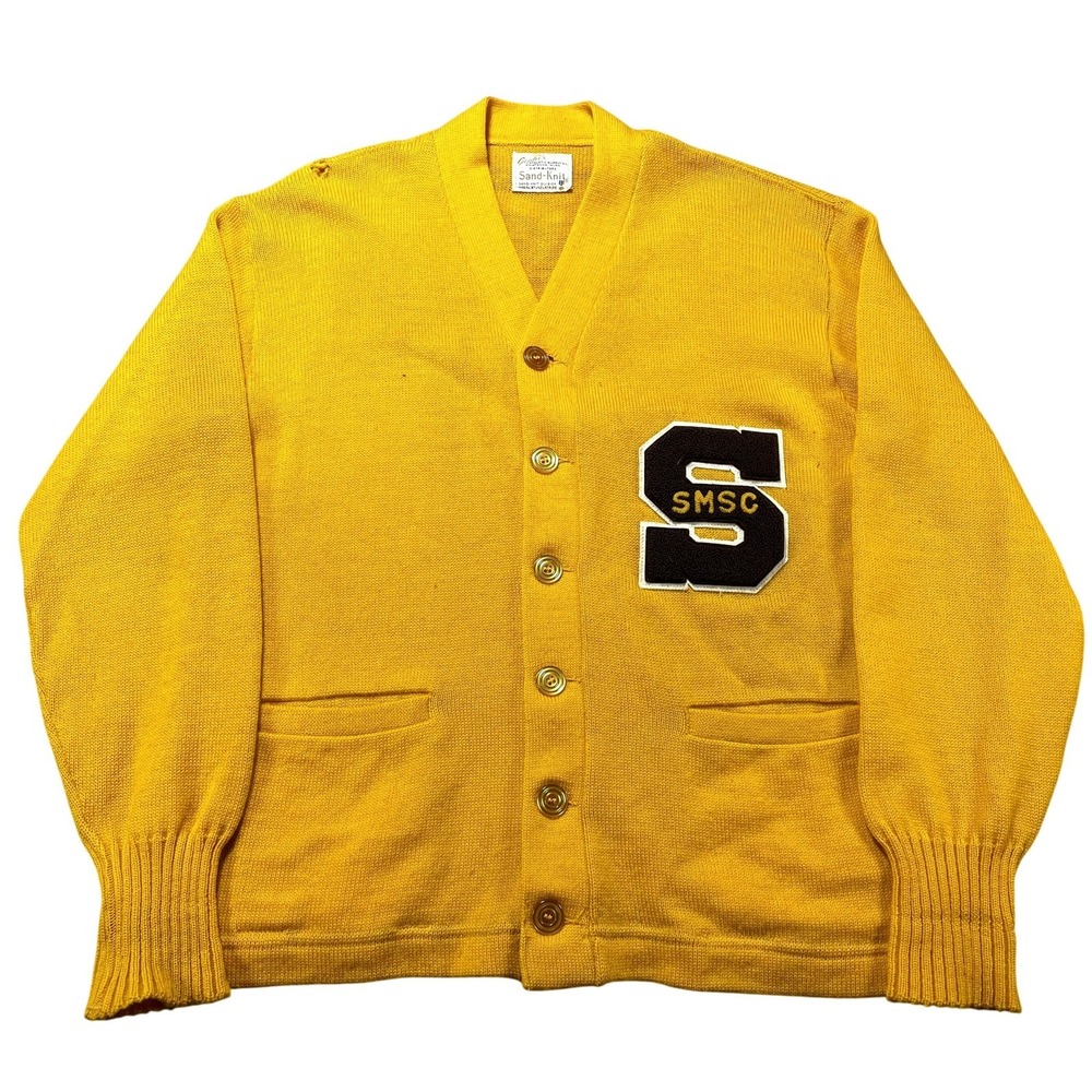 Vintage Sand-Knit Sweater Mens Size 42 Yellow Wool Letterman Cardigan SMSC Patch